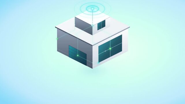 Smart home automation concept: isometric 3 d house with wireless connectivity and io t data network visualization