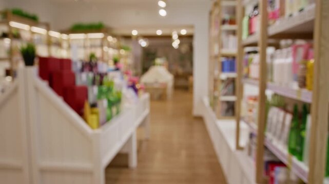 Defocused retail shop interior displaying beauty products on shelves with handheld camera moving forward. Visual provides versatile background for commercial marketing videos