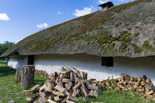 View of the historic thatched-roof building at Ribe VikingeCenter with piles of chopped firewood against the white wall in Ribe, Jutland, Denmark.