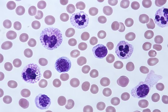 Microscopic Blood Smear Showing Purple Stained White Cells Among Red Erythrocytes for Hematology Diagnostics