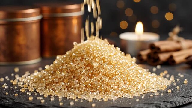 Coarse brown sugar crystals pouring onto black slate surface macro