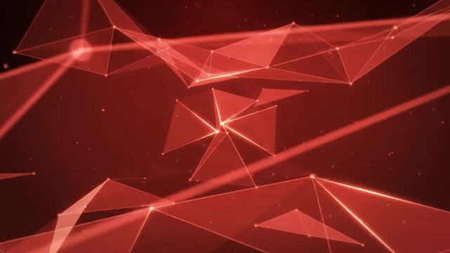 Abstract red plexis structure rotating in dark digital space with glowing geometric lines.