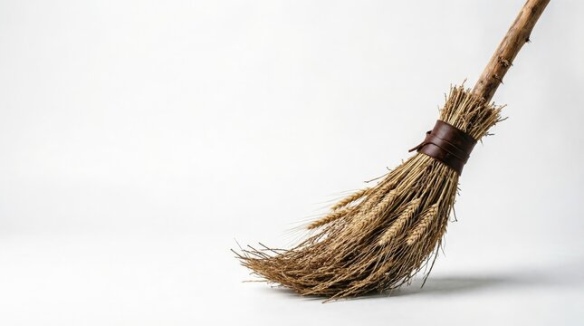 Traditional broom made of dried wheat stalks bound with leather strap to wooden handle on white background.