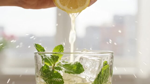 Hand squeezing fresh lemon juice into glass with ice and mint