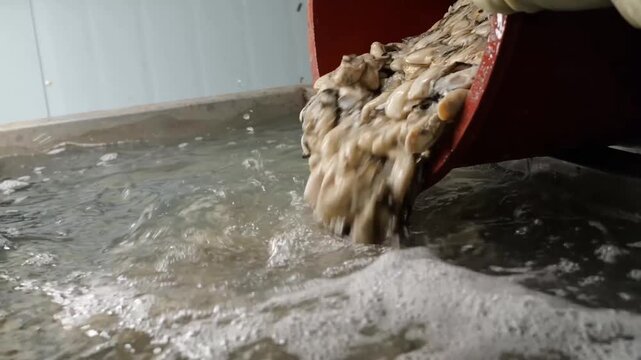 Industrial processing facility washes fresh shellfish with flowing water and packages the raw seafood products into clear plastic bags for commercial distribution
