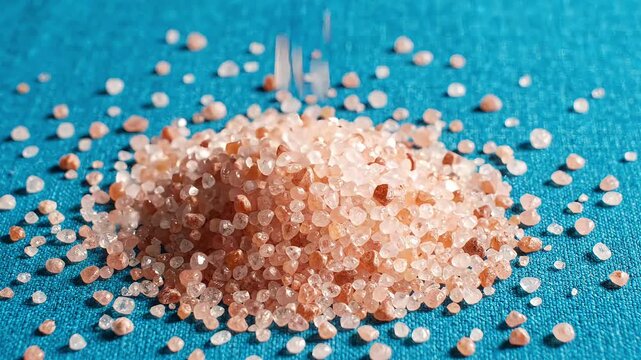 Coarse pink Himalayan salt pouring onto pile on blue fabric background