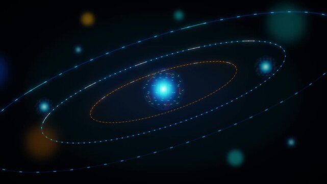 Futuristic atomic model animation, glowing quantum particle orbiting nucleus, science and technology background, digital physics concept