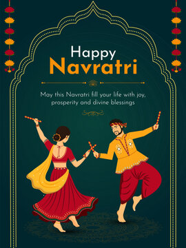 Happy Navratri Indian festival celebration background design with couple dancing with dandiya, vector illustration.