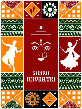 Happy Navratri traditional warli art concept design background wih character dancing dandiya vector illustration.