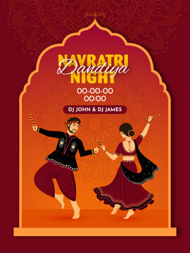 Happy Navratri Indian festival celebration background design with couple dancing with dandiya, vector illustration.