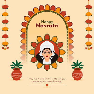 Happy Navratri Indian festival celebration background design with goddess maa durga vector illustration.