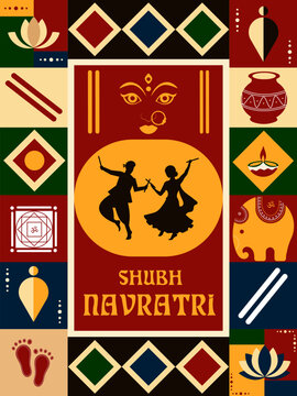 Abstract trendy flat geometric colorful background with traditional celebration icons vector illustration of Happy Navratri.
