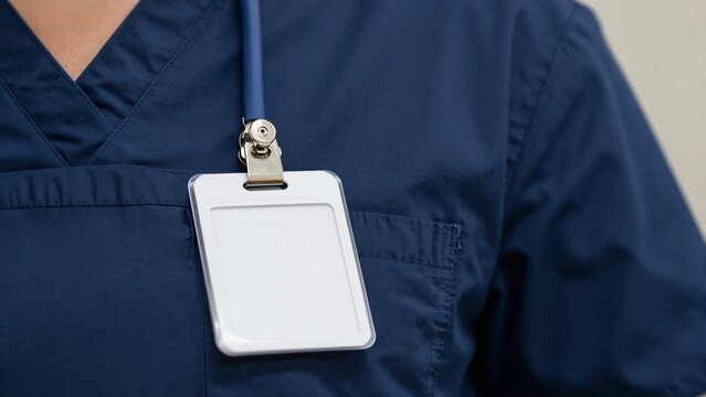 Close-up of a blank medical ID badge clipped to blue scrubs worn by a healthcare professional.