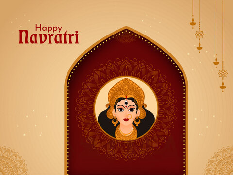 Happy Navratri Indian festival celebration background design with goddess maa durga vector illustration.