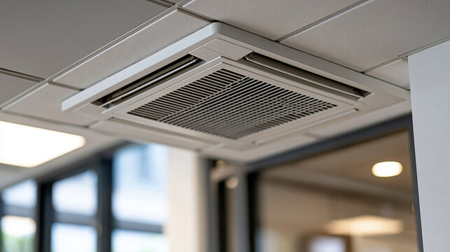 Ceiling mounted air conditioning system cooling and ventilating a modern office building interior, providing comfort and climate control for a productive workspace