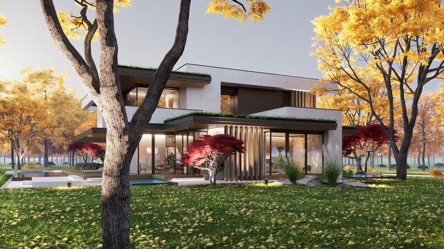 3D architectural rendering and camera movement of a contemporary cubic villa exterior during fall season. Minimalist residential architecture with large glass windows colorful foliage under bright day