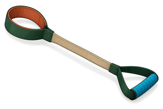 A leg lifter strap with a rigid looped end and a soft webbed handle, isolated on white