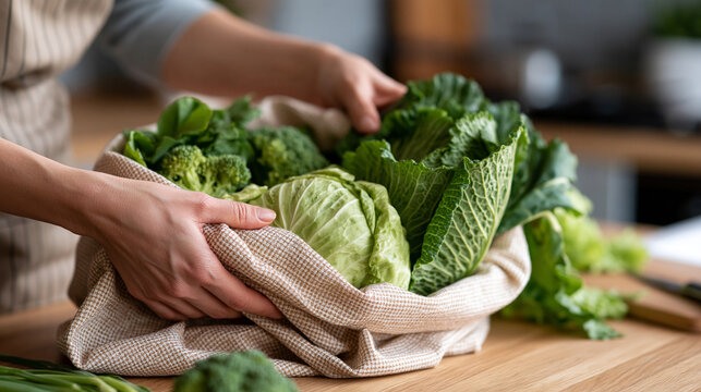 Woman's hands holding a reusable shopping bag overflowing with various fresh green vegetables like cabbage, broccoli, and savoy, ready for healthy cooking in a home kitchen