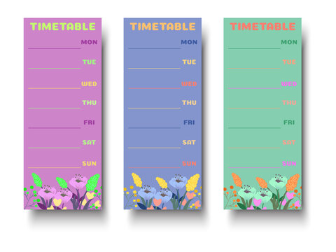 Three colorful weekly timetable planners isolated on a transparent background