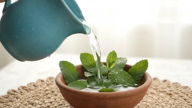 Water pouring from blue pitcher onto fresh green mint leaves in bowl