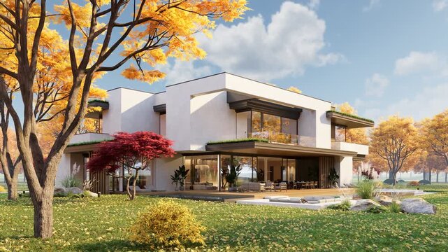 3D architectural rendering and camera movement of a contemporary cubic villa exterior during fall season. Minimalist residential architecture with large glass windows colorful foliage under bright day