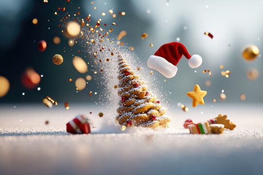 Ultra realistic photography of a snow covered Christmas tree with gingerbreads, gifts, a red Santa's hat, and golden stars appearing to float in mid air.