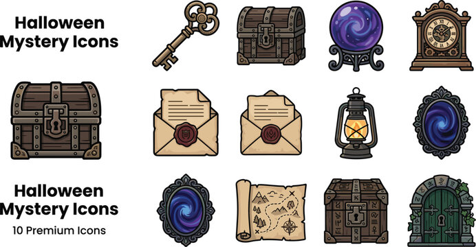 Mystery halloween magic vector icon set featuring cute cartoon escape room elements like chest key mirror and map