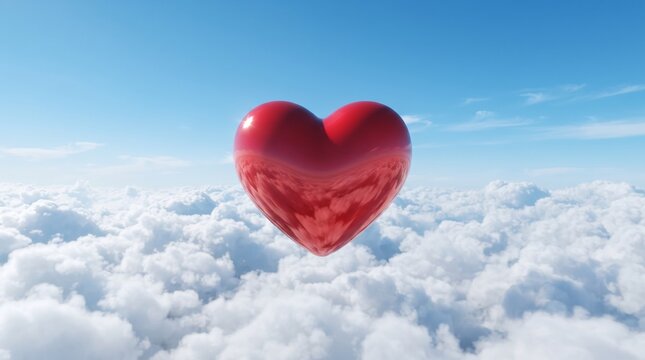 3d glossy red heart floating above white clouds in blue sky background concept of love freedom and happiness