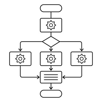 Algorithm flowchart line art icon. Business process automation diagram with gears and decision tree vector illustration isolated on white background