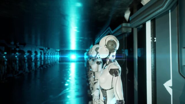 Cinematic 3d render video animation of Ai robots standing in futuristic corridor. Camera with blurred depth of field effect