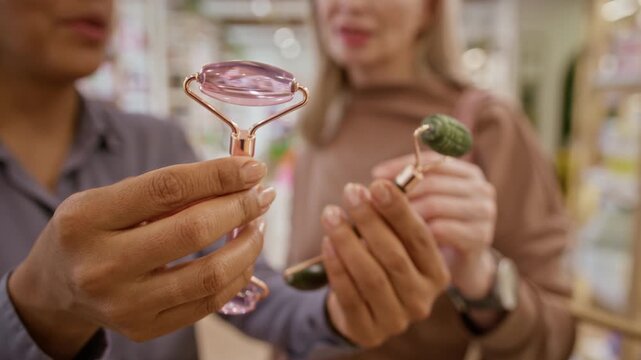 Unrecognizable female consultant showing facial massage rollers to female customer in cosmetic store. Ideal for beauty retail marketing and skincare advertising