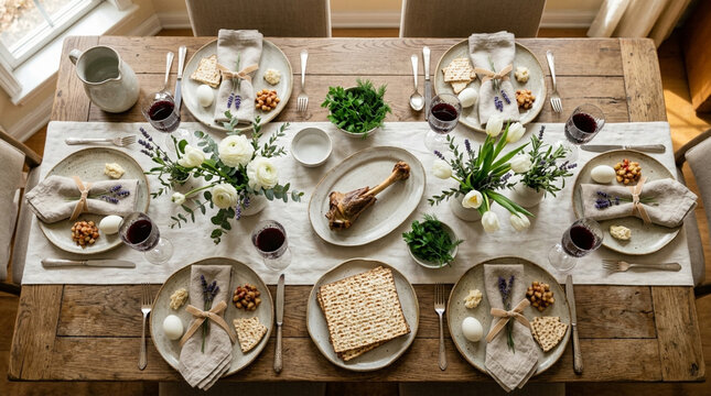 Passover Seder table setting with matzah and traditional lamb meal on rustic wooden dining room table for a festive Jewish holiday