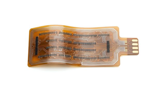 Flexible printed circuit board with copper traces and contact pads on translucent amber polyimide substrate, used in electronics assembly and device interconnection