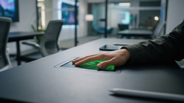 Classroom AI Verification concept. Hand scanning on biometric fingerprint reader in modern office setting