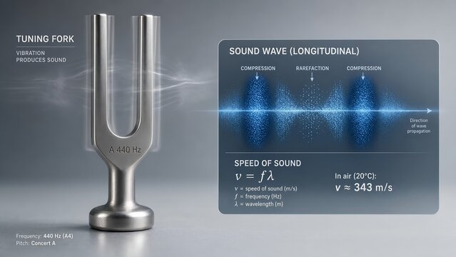 Vibrating metal tuning fork producing sound with a zoomed microscopic inset showing longitudinal waves with alternating regions of compression, rarefaction, and equations