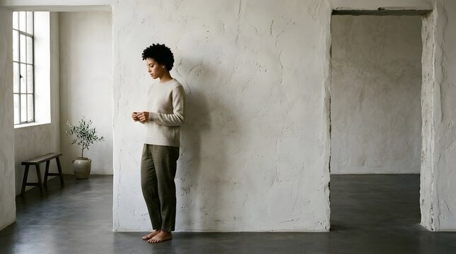 Young woman standing barefoot in a minimalist room with white textured walls