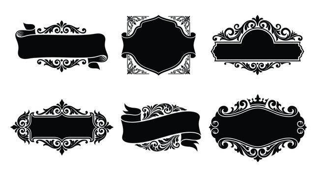 Ornamental scroll banner vector set with flourish ribbon frames crown crest and floral corner plaques for certificate award label vintage sign wedding invitation and packaging black decorative design.
