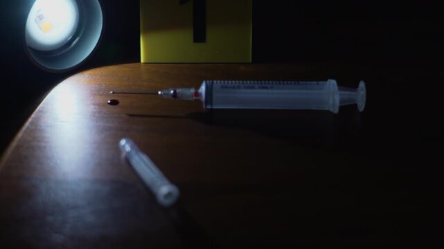 Bloody syringe, cap, and evidence marker showing shocking discovery at dark crime scene under flashlight and flashing police lights, tilt up shot