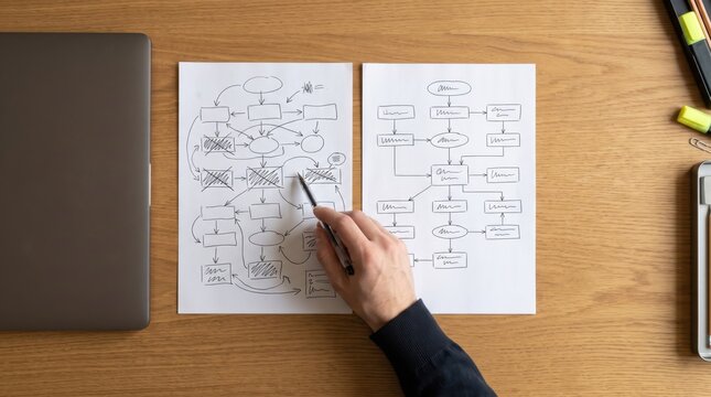Classroom AI Verification concept. Person pointing at flowcharts on paper with laptop and notebook on wooden desk