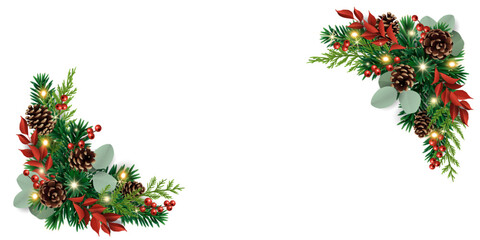 Obraz premium Farmhouse Christmas corner frames with copy space, fir branches, glowing christmas lights, seasonal foliage, and burgundy leaves. Transparent background in vector file.