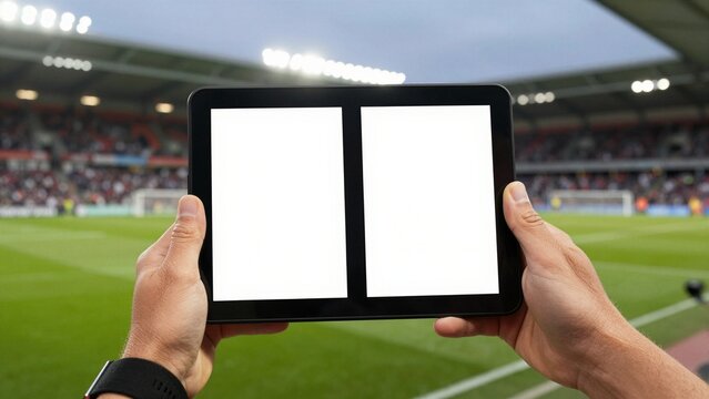 Referee holds digital substitution board at stadium during match with crowd and field in background.