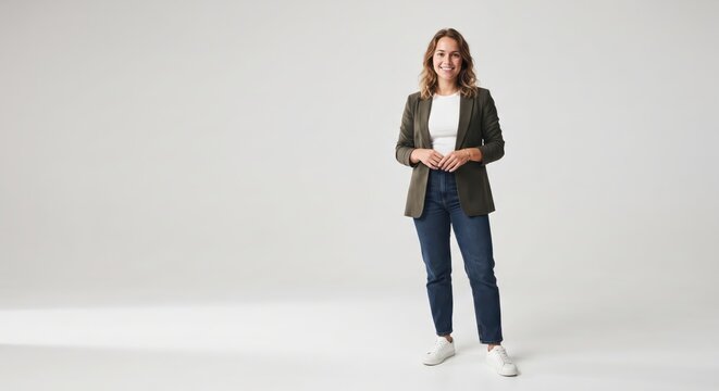 A full-length portrait of a smiling woman standing against a plain white background, wearing a dark green blazer, a white t-shirt, blue jeans, and white sneakers, looking at the