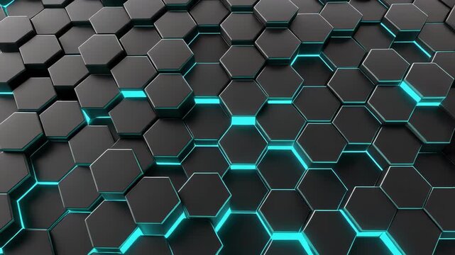 Hexagonal grid pattern with pulsing cyan light during a dynamic camera dolly in a dark technological environment