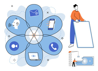 Icons of communication channels and a person holding a blank board vector illustration. Digital connection, remote work, business strategy, project management, information exchange, planning © Dmytro