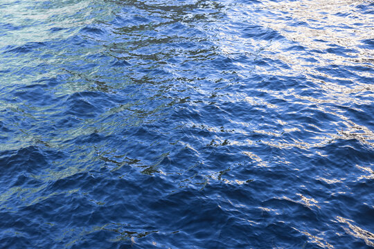 Calm blue ocean water with small waves and shimmering sunlight reflections, ideal as a background texture or nature-themed concept conveying serenity, motion and coastal atmosphere