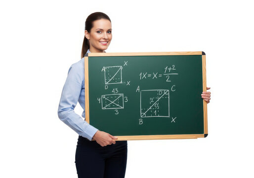 Smiling teacher holding chalkboard with geometry math equations and diagrams
