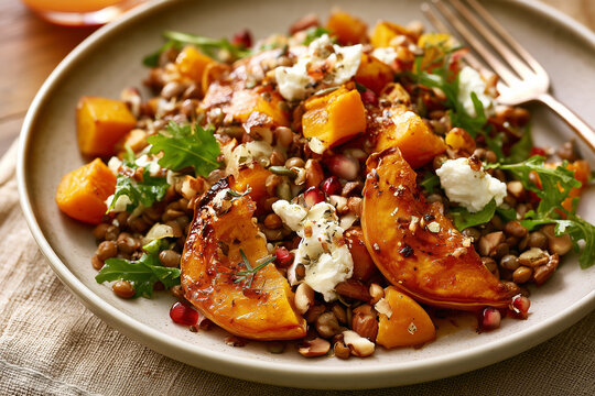 Lentil salad with roasted pumpkin. World Vegetarian Day 