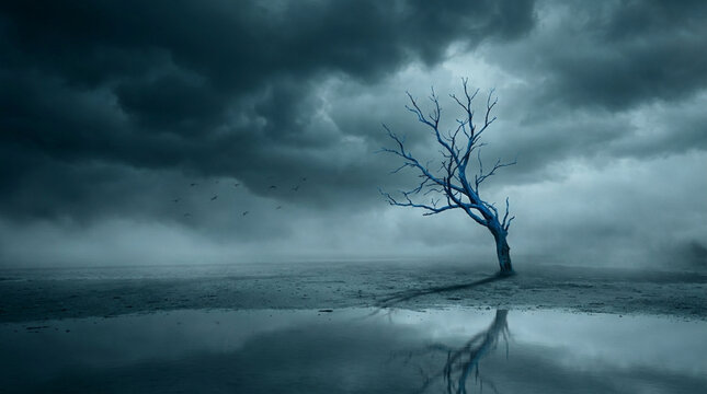 Bleak winter landscape with a bare tree and stormy sky blue monday aesthetic