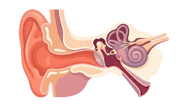 detailed human ear anatomy illustration showing inner middle and outer ear structures for medical education and hearing health concepts scientific diagram with vibrant colors isolated on white