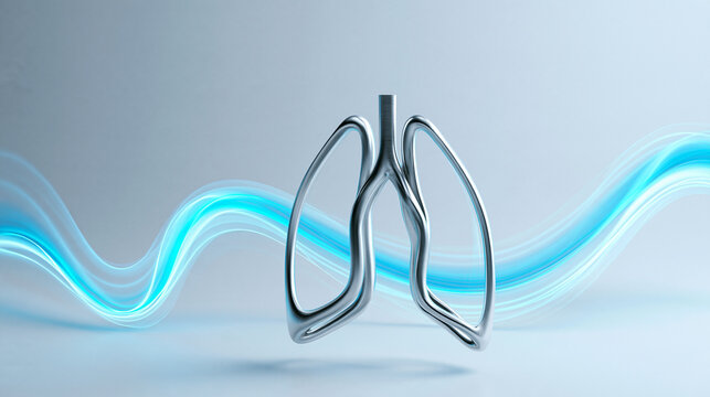 Metallic Human Lungs Concept with Blue Airflow Stream